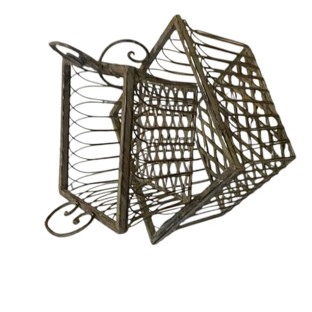 Vintage Wrought Iron Square‎ Ornate Handles Basket Sage Green, Set Of 2
